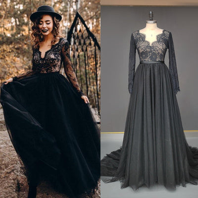 Long Sleeves Black Lace Tulle Open Back Sweep Train Wedding Dress Classic Wedding Dresses BlissGown 