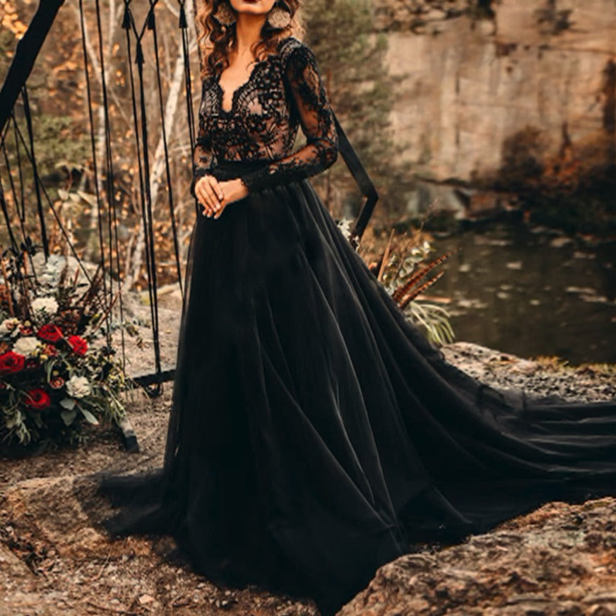 Long Sleeves Black Lace Tulle Open Back Sweep Train Wedding Dress Classic Wedding Dresses BlissGown 