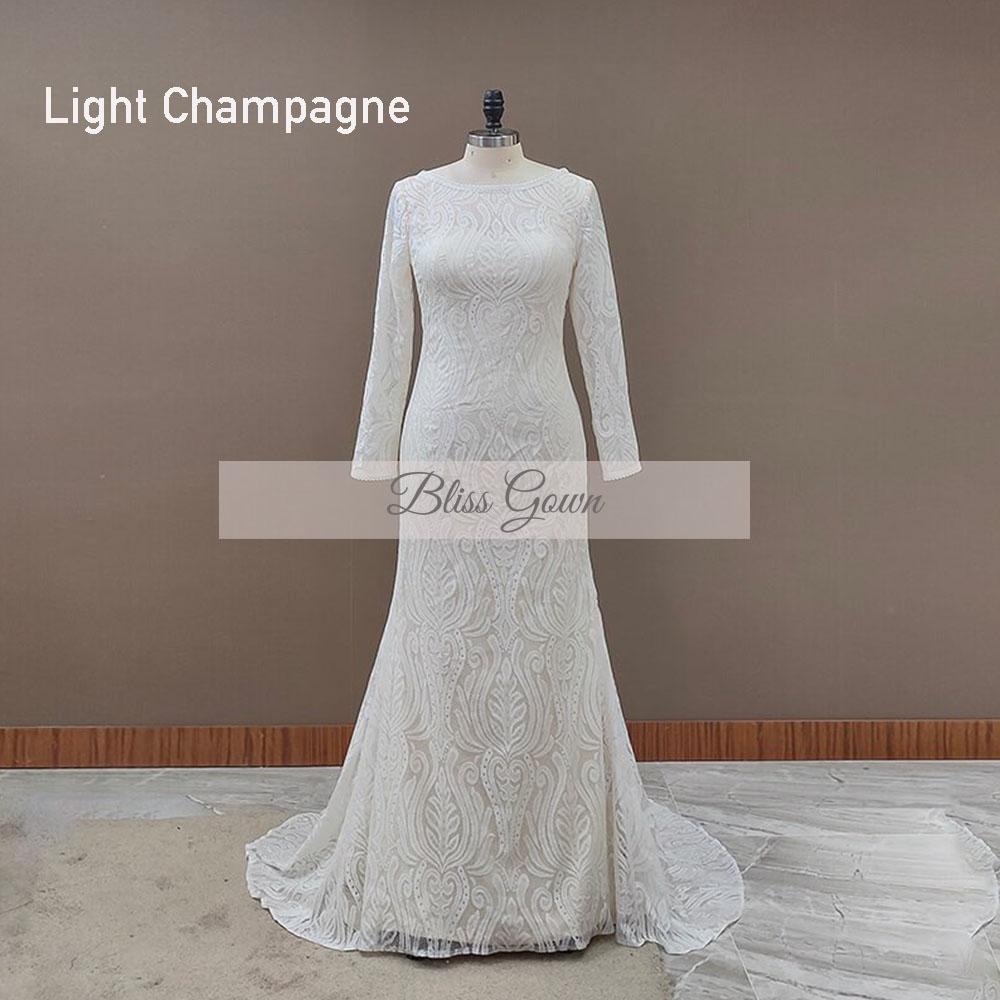 Long Sleeves Boho Backless Rustic Bridal Wedding Dress Boho Wedding Dresses BlissGown Light champagne Custom Size 