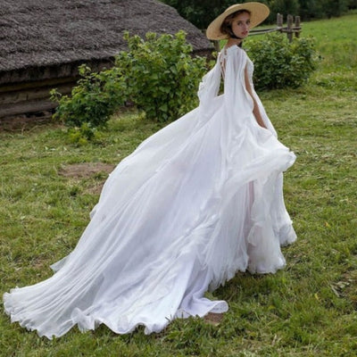 Long Sleeves Deep V-Neck Chiffon White Puffy Bridal Gown Romantic Wedding Dresses BlissGown 