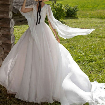 Long Sleeves Deep V-Neck Chiffon White Puffy Bridal Gown Romantic Wedding Dresses BlissGown 