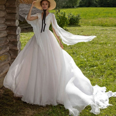 Long Sleeves Deep V-Neck Chiffon White Puffy Bridal Gown Romantic Wedding Dresses BlissGown Off White 2 