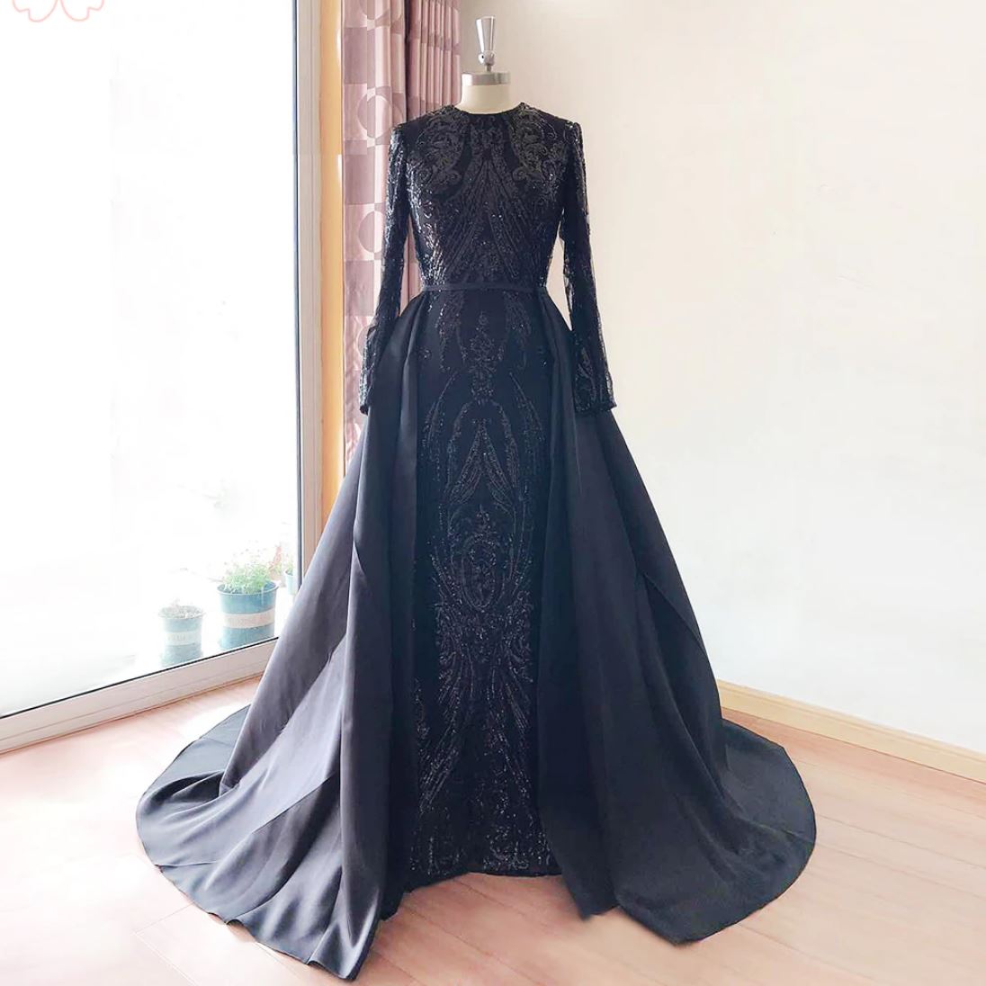 Long Sleeves Detachable Train Sequin Evening Dress Evening & Formal Dresses BlissGown Full Black 4 