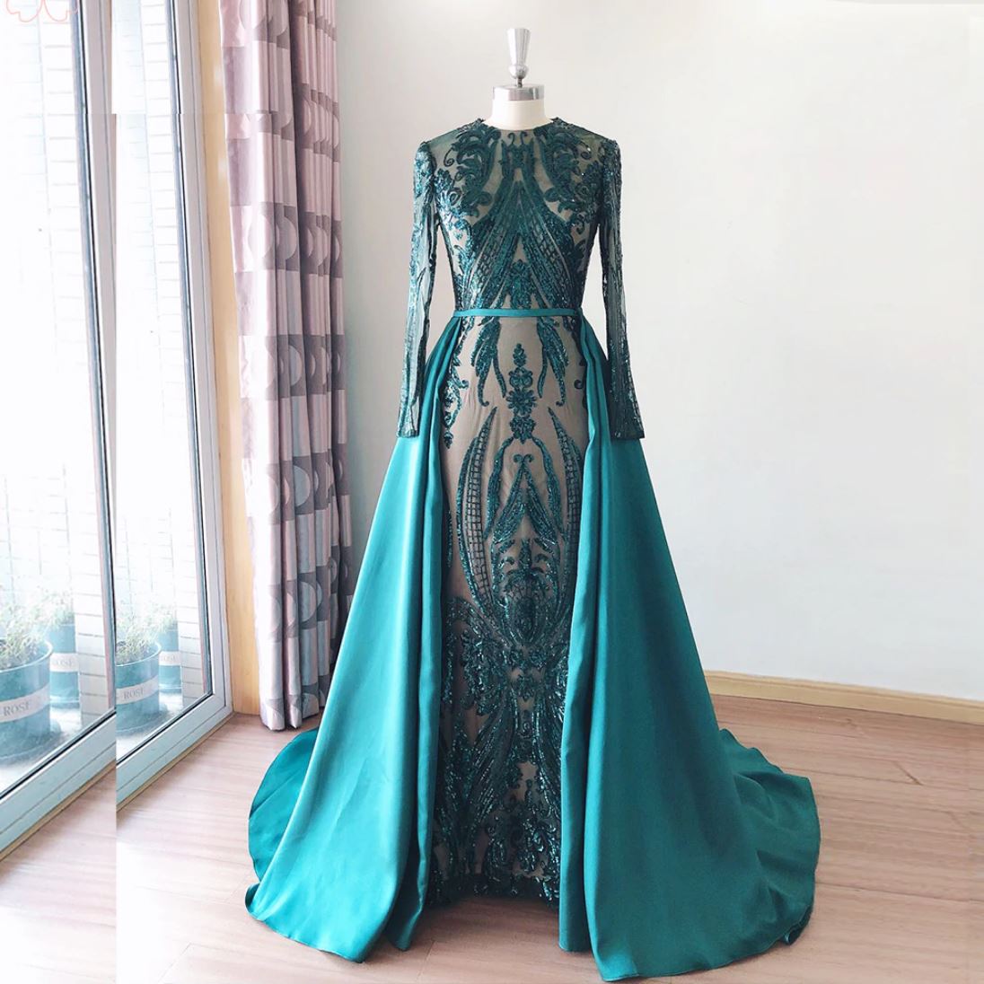 Long Sleeves Detachable Train Sequin Evening Dress Evening & Formal Dresses BlissGown Green 8 
