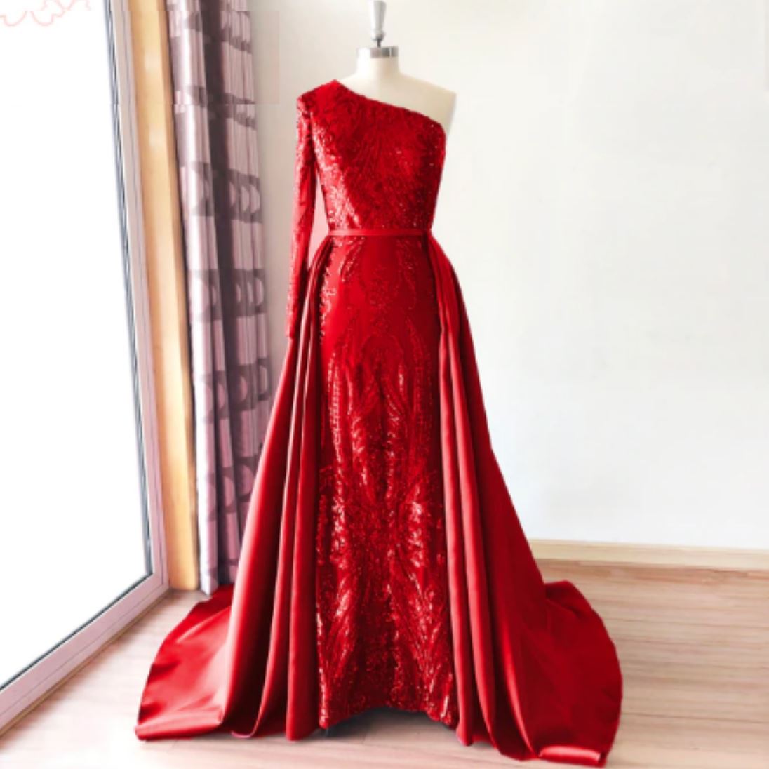 Long Sleeves Detachable Train Sequin Evening Dress Evening & Formal Dresses BlissGown One -full red 6 