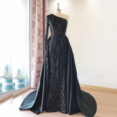 Long Sleeves Detachable Train Sequin Evening Dress Evening & Formal Dresses BlissGown One Shoulder-black 2 