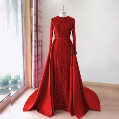 Long Sleeves Detachable Train Sequin Evening Dress Evening & Formal Dresses BlissGown Red 18W 