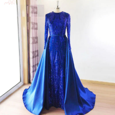 Long Sleeves Detachable Train Sequin Evening Dress Evening & Formal Dresses BlissGown Royal Blue 10 
