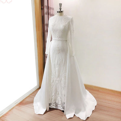 Long Sleeves Detachable Train Sequin Evening Dress Evening & Formal Dresses BlissGown White 14 