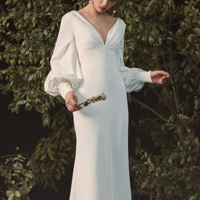 Long Sleeves Empire New Wedding Dress Vintage Wedding Dresses BlissGown White No Flowers 2 