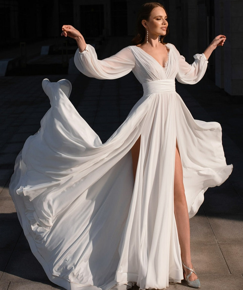 Long Sleeves High Slit Chiffon Beach Boho Wedding Dress Boho Wedding Dresses BlissGown All Cream White 2 US & Outside US