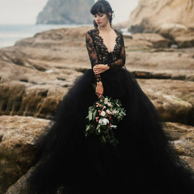 Long Sleeves Lace Fluffy Backless Tulle Beach Wedding Dress Beach Wedding Dresses BlissGown Black 2 50cm
