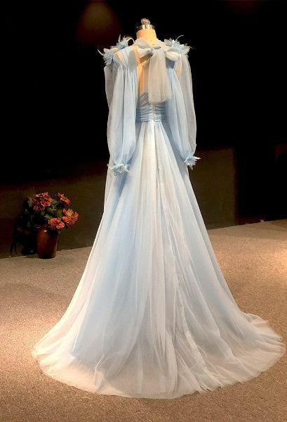 Long Sleeves Sky Blue Sexy V Neck With Feathers Evening Dress Evening & Formal Dresses BlissGown 