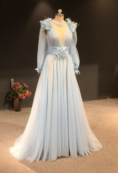 Long Sleeves Sky Blue Sexy V Neck With Feathers Evening Dress Evening & Formal Dresses BlissGown 