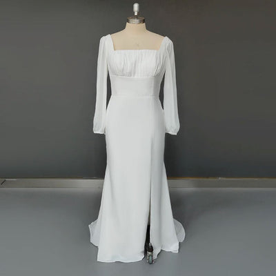 Long Sleeves Square Neck Open Back Sheath Chiffon Wedding Dress Romantic Wedding Dresses BlissGown 