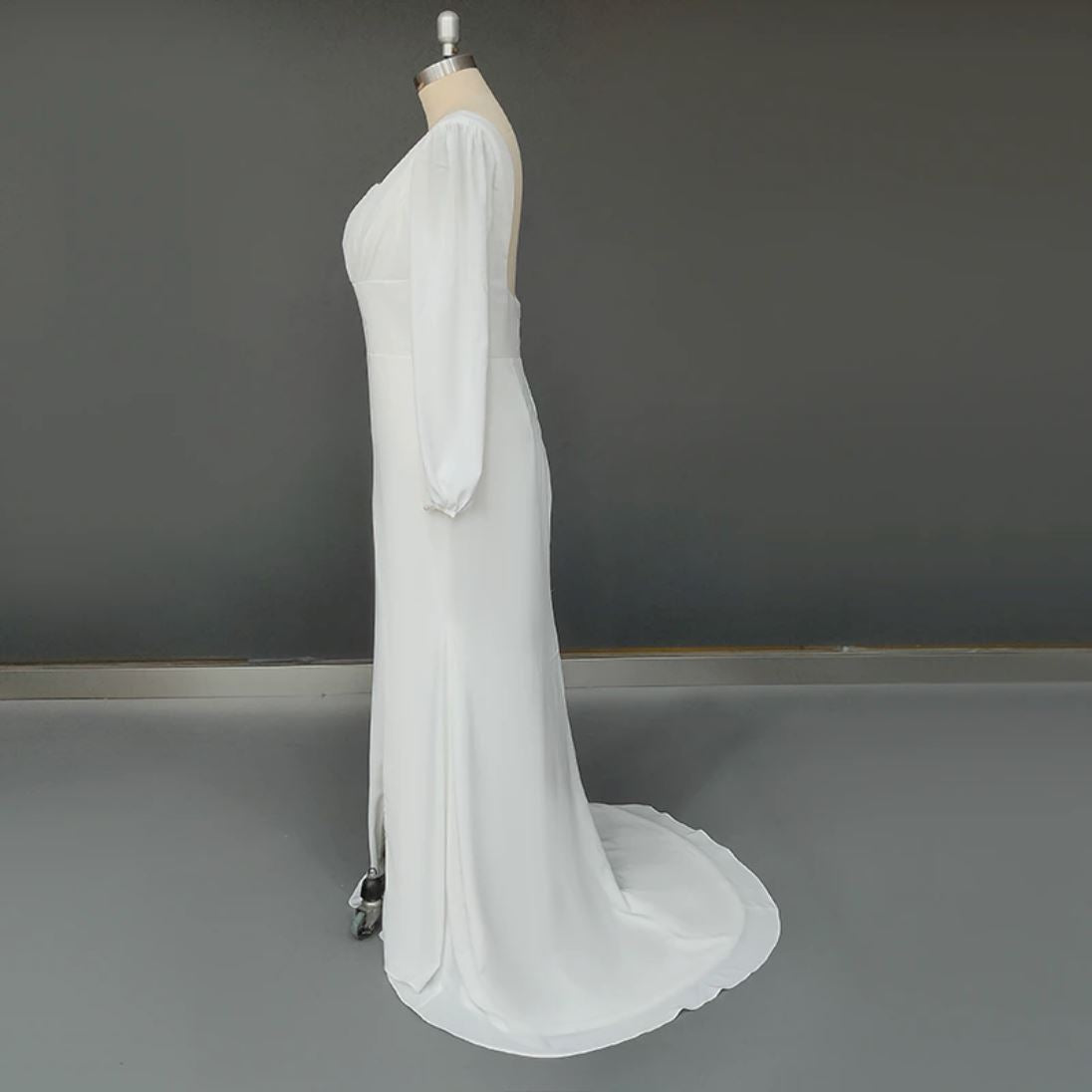 Long Sleeves Square Neck Open Back Sheath Chiffon Wedding Dress Romantic Wedding Dresses BlissGown 