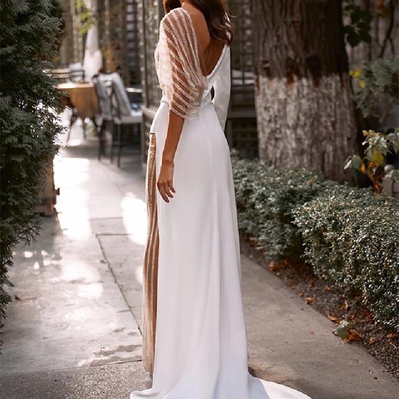 Long Sleeves V-Neck Backless Sexy Illusion Sequins Jumpsuit Wedding Dress Sexy Wedding Dresses BlissGown 