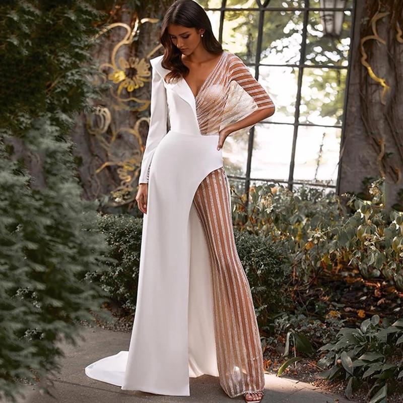 Long Sleeves V-Neck Backless Sexy Illusion Sequins Jumpsuit Wedding Dress Sexy Wedding Dresses BlissGown 