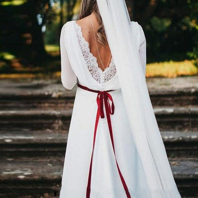 Long Sleeves with Red Ribbon Belt Lace Open Back Beach Bridal Gown Beach Wedding Dresses BlissGown 