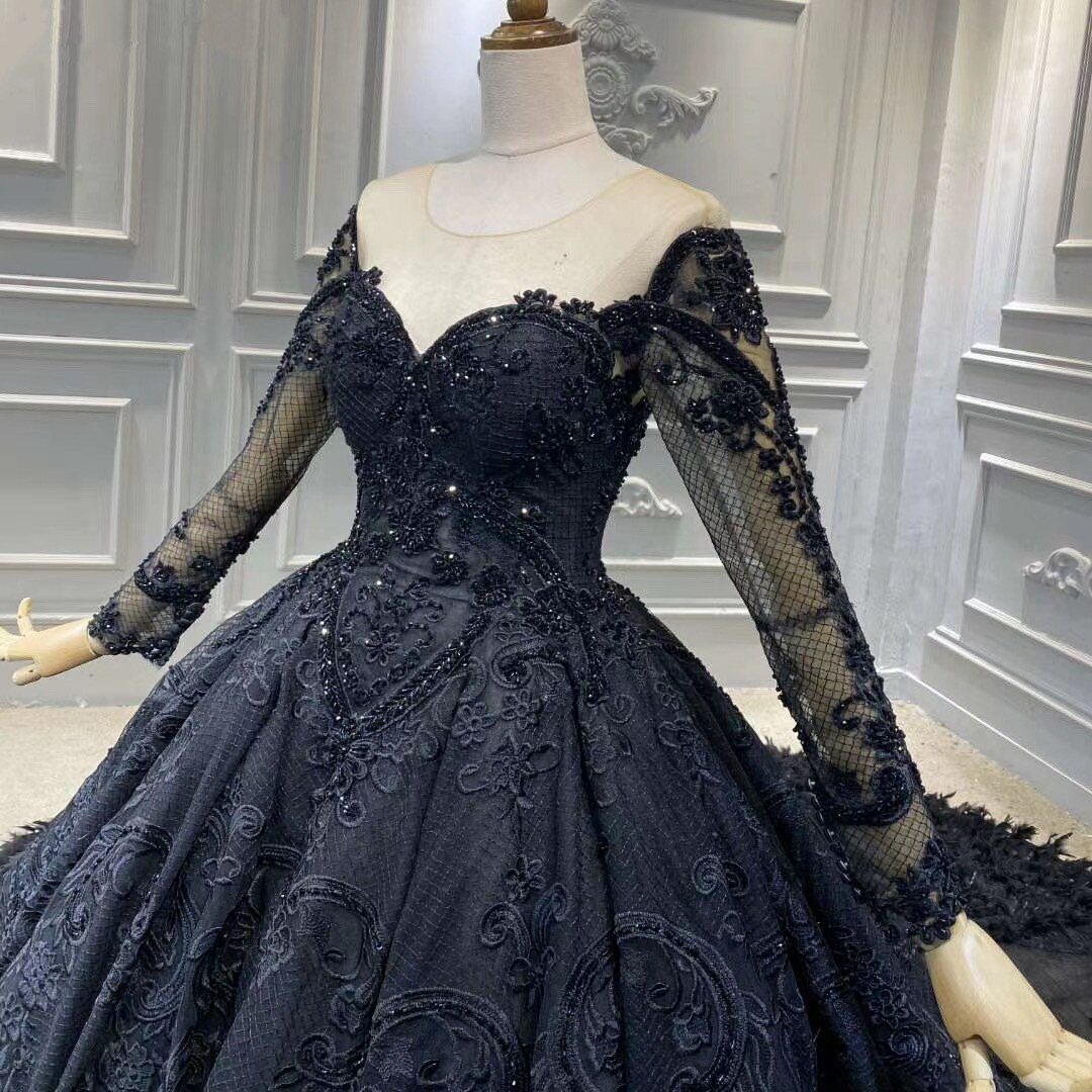 Luxury Ball Black Long Sleeves Feathers Custom Made Wedding Dress Luxury Wedding Dresses BlissGown 
