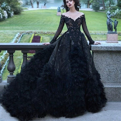 Luxury Ball Gowns Black Long Sleeves Feathers Custom Made Wedding ...