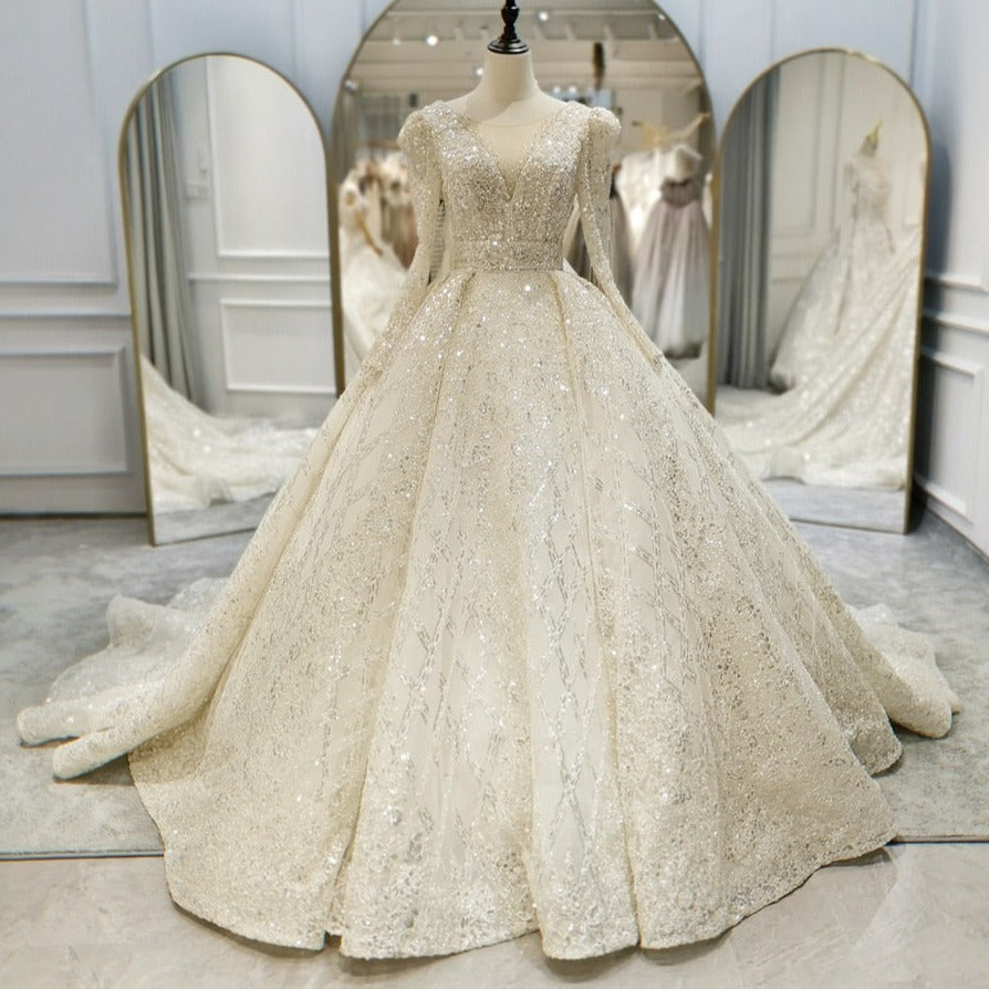 Luxury Ball Gown Long Sleeves Sequins Long Train Beaded Wedding Dress