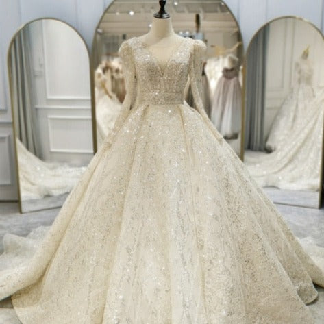 Luxury Ball Gown Long Sleeves Sequins Long Train Beaded Wedding Dress Vintage Wedding Dresses BlissGown as picture 18W 