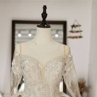 Luxury Ball Gown Scoop Long Sleeves Beading Wedding Dress Luxury Wedding Dresses BlissGown 