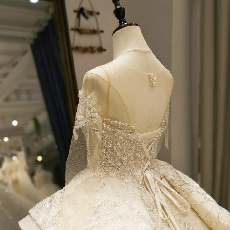 Luxury Ball Gown Scoop Long Sleeves Beading Wedding Dress Luxury Wedding Dresses BlissGown 