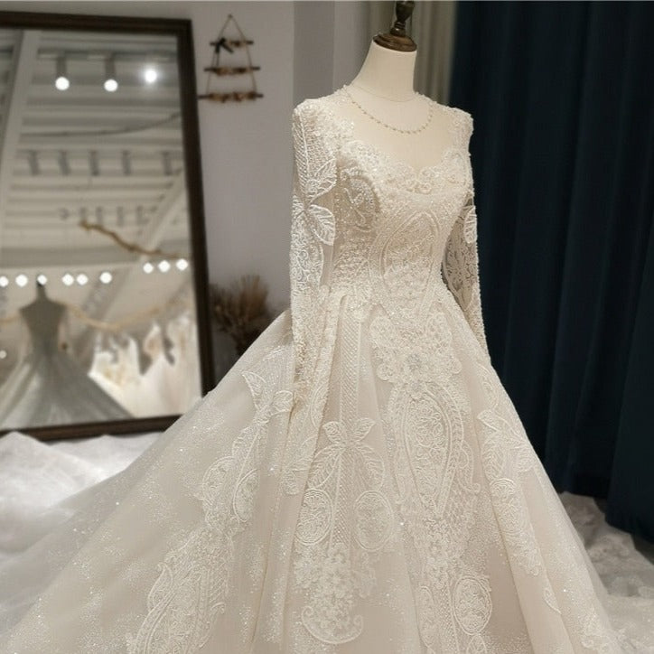 Luxury Ball Gown Scoop Long Sleeves Sequins Beading Wedding Dress Luxury Wedding Dresses BlissGown 