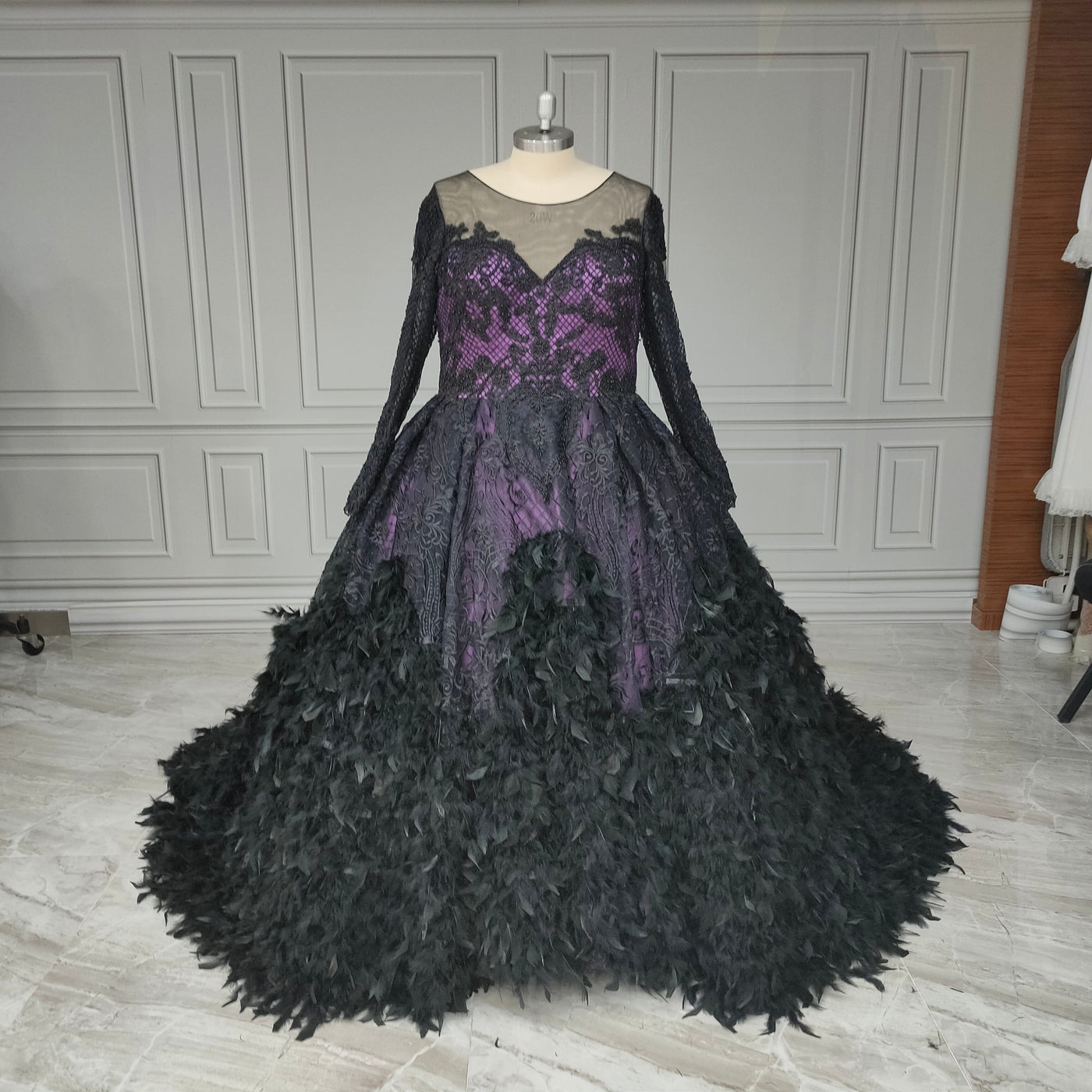 Luxury Ball Gowns Black Long Sleeves Feathers Custom Made Wedding Dress Luxury Wedding Dresses BlissGown 