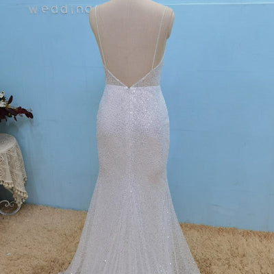 Luxury Beading Sequined Sexy Spaghetti Straps V Neck Backless Bridal Gown Romantic Wedding Dresses BlissGown 