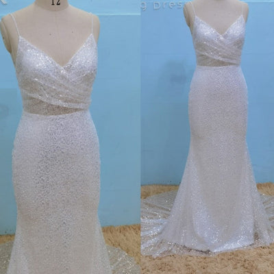 Luxury Beading Sequined Sexy Spaghetti Straps V Neck Backless Bridal Gown Romantic Wedding Dresses BlissGown 
