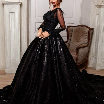 Luxury Black Ball Gown Crystal Sparkly Bridal Dress Boho Wedding Dresses BlissGown 