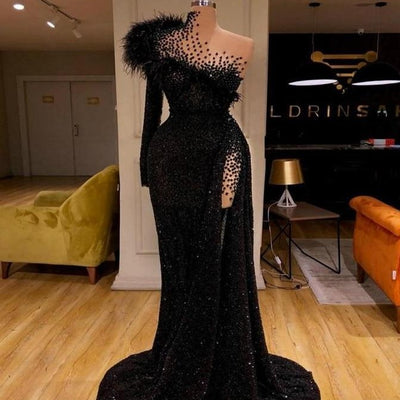 Luxury Chic Glitter Sequins Feather Beads Ruffles Prom Dress Sequin Prom Dresses BlissGown 