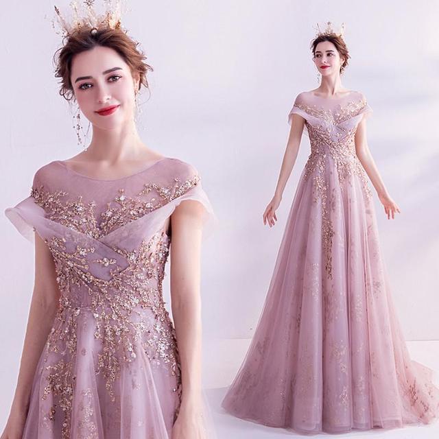 Luxury Court Train A-line Sexy Illusion Custom Size Evening Dress Evening & Formal Dresses BlissGown pink 12 