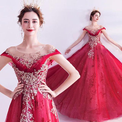 Luxury Court Train A-line Sexy Illusion Custom Size Evening Dress Evening & Formal Dresses BlissGown red 10 