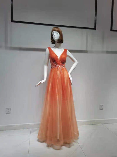 Luxury Elegant Deep V-Neck A-Line Evening Dress Evening & Formal Dresses BlissGown Orange 2 