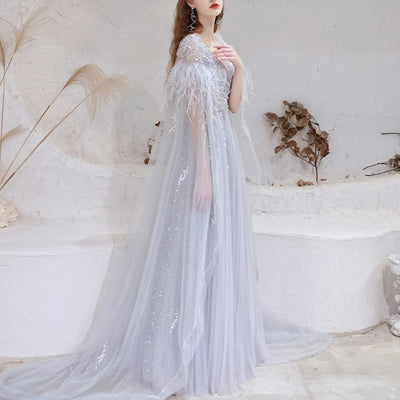 Luxury Feathers Cape Beading with Detachable Shawl Evening Dress Evening & Formal Dresses BlissGown 