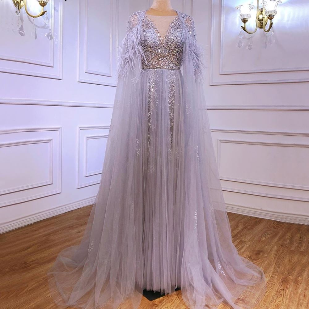 Luxury Feathers Cape Beading with Detachable Shawl Evening Dress Evening & Formal Dresses BlissGown 