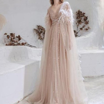 Luxury Feathers Cape Beading with Detachable Shawl Evening Dress Evening & Formal Dresses BlissGown Nude Pink 16 