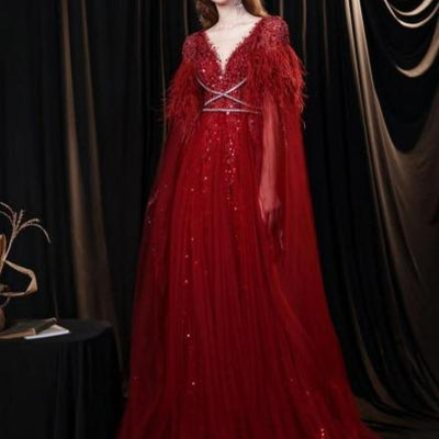 Luxury Feathers Cape Beading with Detachable Shawl Evening Dress Evening & Formal Dresses BlissGown Wine Red 16 