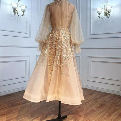 Luxury High Neck Lantern Sleeves Beading A-Line Evening Dress Evening & Formal Dresses BlissGown 