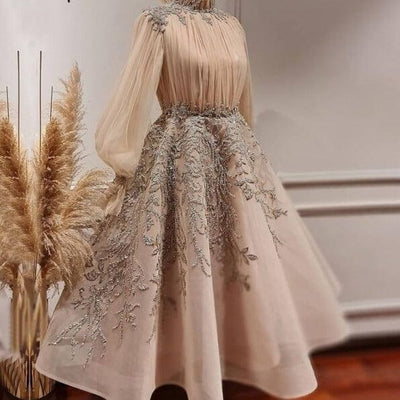 Luxury High Neck Lantern Sleeves Beading A-Line Evening Dress Evening & Formal Dresses BlissGown Champagne Ankle Length 2 