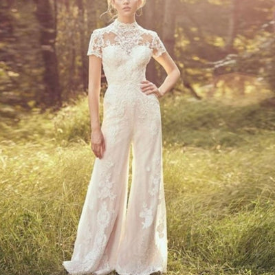Luxury Jumpsuits High Neck Illusion Lace Appliques Button Wedding Dress Luxury Wedding Dresses BlissGown 
