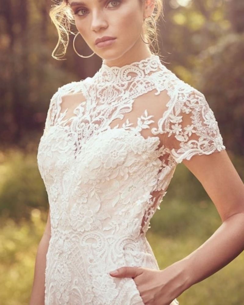 Luxury Jumpsuits High Neck Illusion Lace Appliques Button Wedding Dress Luxury Wedding Dresses BlissGown 