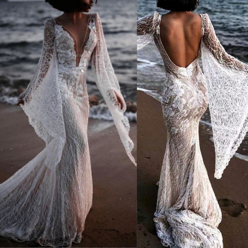 Luxury Lace Flare Sleeves Mermaid Beach Open Back Bridal Gown Beach Wedding Dresses BlissGown 