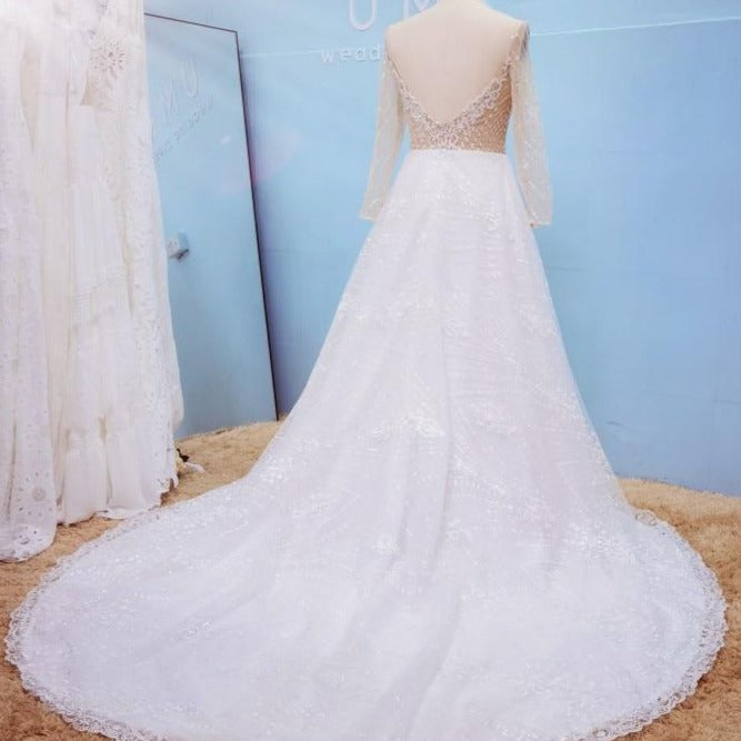 Luxury Long Sleeve Lace A-Line Sexy Open Backless Wedding Dress Luxury Wedding Dresses BlissGown 
