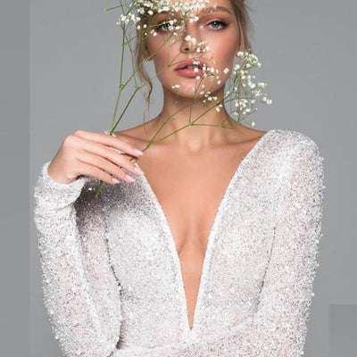 Luxury Long Sleeve Satin Beaded Train Illusion Wedding Dress Luxury Wedding Dresses BlissGown 
