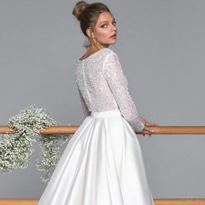 Luxury Long Sleeve Satin Beaded Train Illusion Wedding Dress Luxury Wedding Dresses BlissGown 